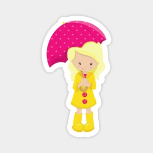 Girl In Raincoat, Girl With Umbrella, Blonde Hair Magnet