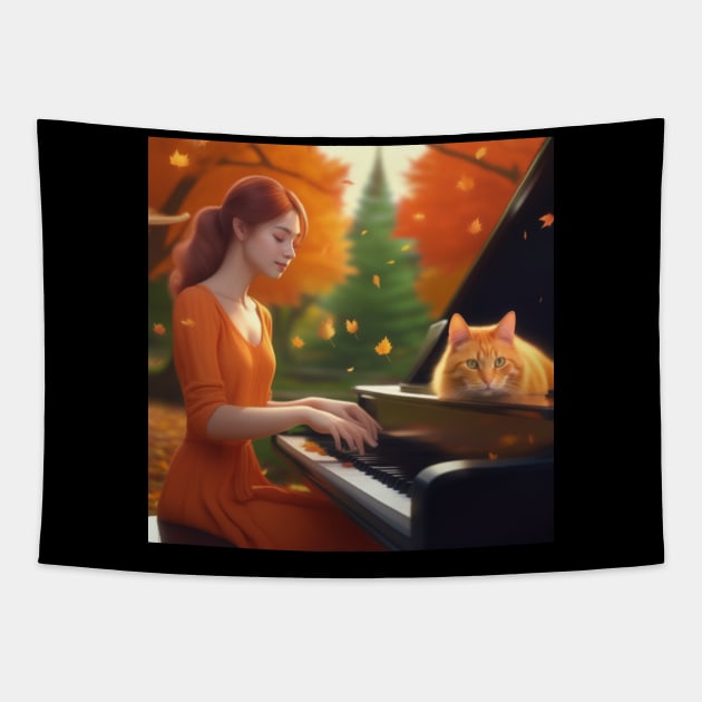 A Female Pianist With A Contented Orange Cat Sitting On The Piano In The English Countryside With An Autumn Mist Tapestry by Musical Art By Andrew