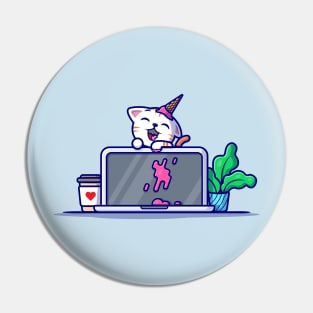 Cat With Laptop Cartoon Vector Icon Illustration Pin