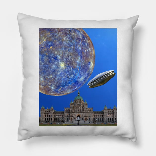 British Columbia Canada Parliament Buildings In Victoria Under The Planet Mercury With A UFO Pillow by Courage Today Designs