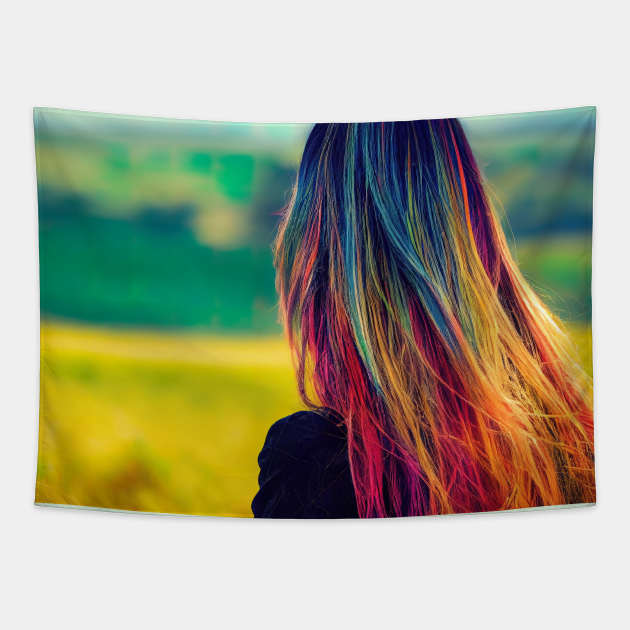 Woman with colorful hair at farm Tapestry by DyeruArt