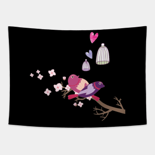 Love birds Cherry Blossom Tapestry