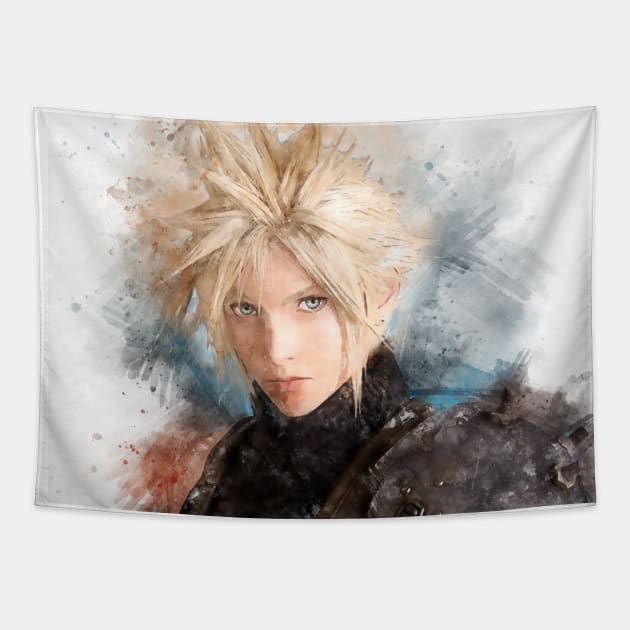 Cloud Strife watercolor Tapestry by PetsArt