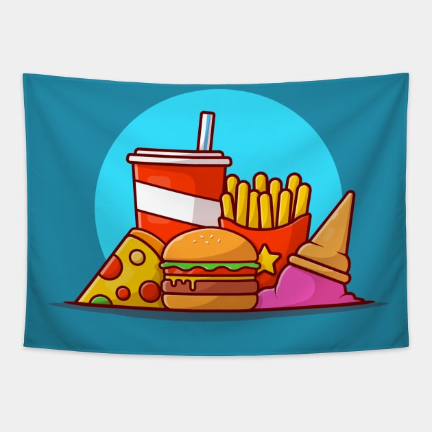 Burger, French Fries, Soft Drink, Pizza And Ice Cream Cone Cartoon Vector Icon Illustration Tapestry by Catalyst Labs