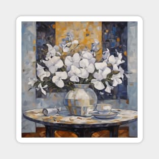 White Phlox and Petunias in Silver Vase Modern Still Life Painting Magnet