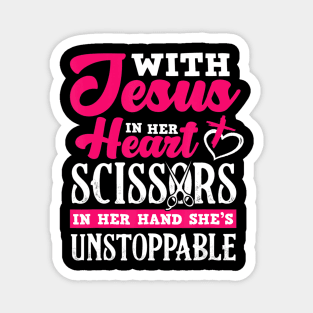 With Jesus In Her Heart Scissors In Her Hand Hairdresser Magnet