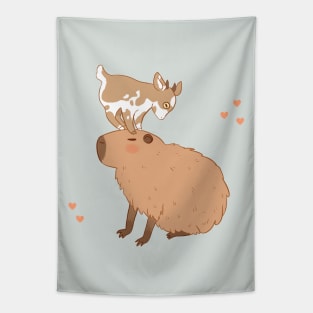 Cute capybara with a baby goat on its head Tapestry