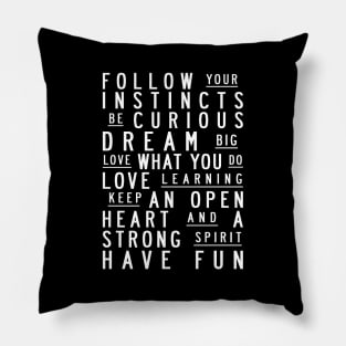 Follow your instincts. Be curious. Dream big. Love what you do. Love learning. Keep an open heart & a strong spirit. Have fun Pillow