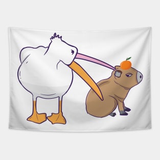 Pelican Tries to Eat Capybara Orange  Funny Cute Kawaii Meme Tapestry