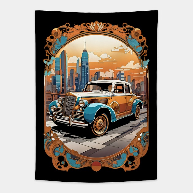 Classic Car City Sunset retro vintage floral design Tapestry by Neon City Bazaar