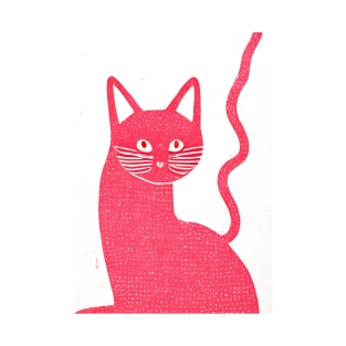 Pink Stamp Print Cat Retro Poster Vintage Art Cat Wall Illustration Pink Illustration T-Shirt