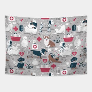 Veterinary medicine, happy and healthy friends // pattern // grey background red details navy blue white and brown cats dogs and other animals Tapestry