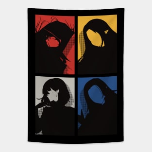 All The Main Characters In The Eminence In Shadow Anime In A Cool Black Minimalist Silhouette Pop Art Design With Their Names Symbol In Colorful Background Tapestry