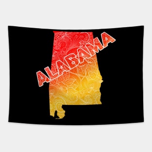 Colorful mandala art map of Alabama with text in red and orange Tapestry