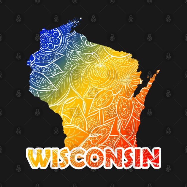 Colorful mandala art map of Wisconsin with text in blue, yellow, and red by Happy Citizen