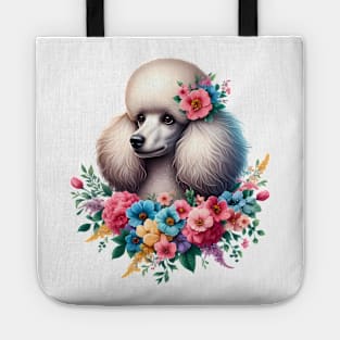 A poodle with beautiful colorful flowers Tote