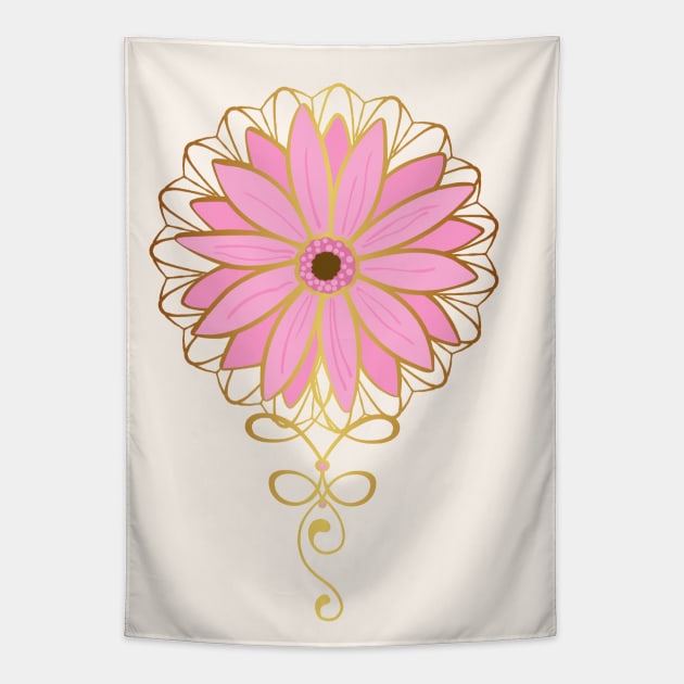 Golden Garden Mandala And Pink Gerber Daisy Tapestry by LittleBunnySunshine