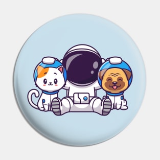 Cute Astronaut With Cat And Pug Dog Cartoon Pin