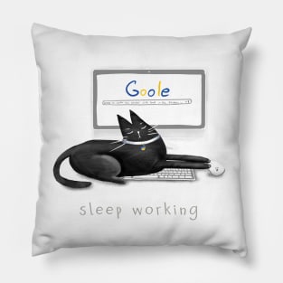 Cartoon black sleeping cat on a laptop and the inscription "Sleep working". Pillow