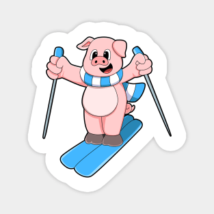 Pig as Skier with Ski Scarf & Ski poles Magnet