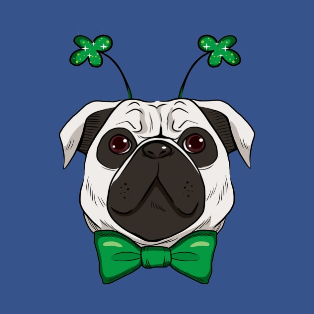 Cute St. Patrick pug dog with green bow tie and fashionable green sparkling clover accessory by amramna