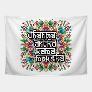 Dharma artha kama moksha Mandala: Colorful Harmony in Red, Green, Blue, Yellow, Orange, Purple, Pink Tapestry