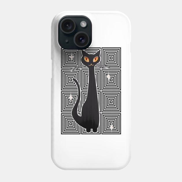 Op-Art Hip Cat Mid Century Anime (blk background) Phone Case by SunGraphicsLab