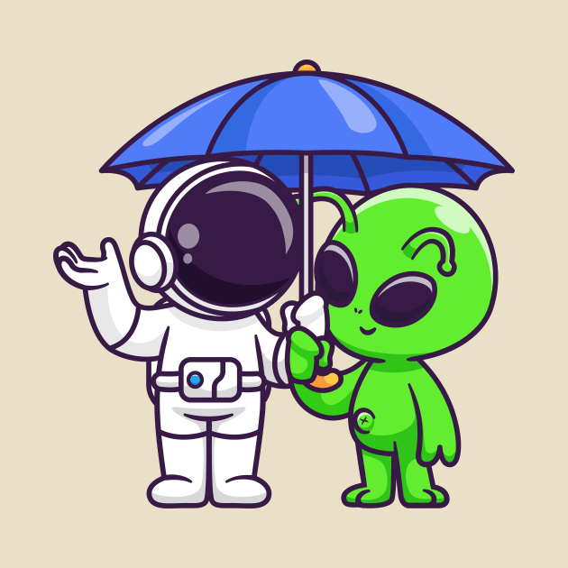 Cute Astronaut And Alien Standing Under Umbrella Cartoon by Catalyst Labs