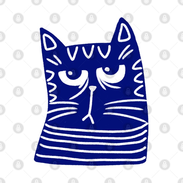 Blue and white cat head with grumpy face by iulistration