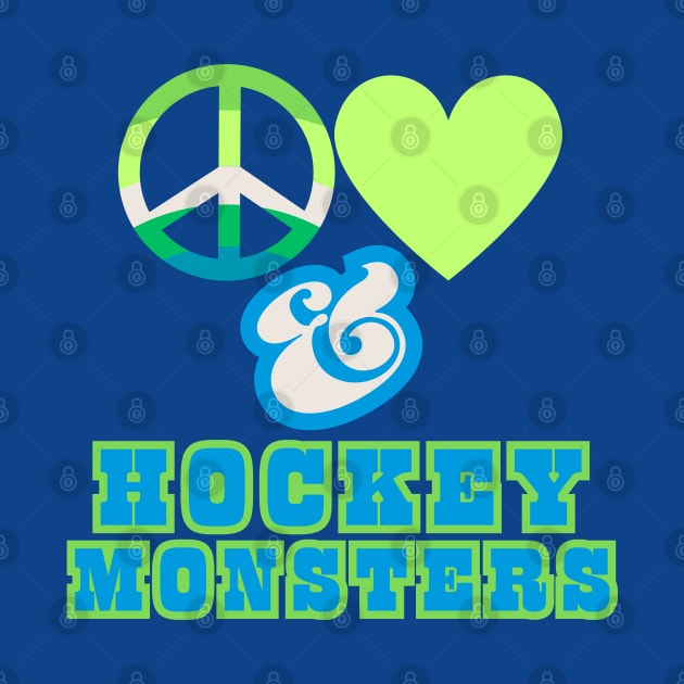 Peace, Love & Hockey Monsters  - Pacific Northwest  Retro Pop Electric Green Style by SwagOMart