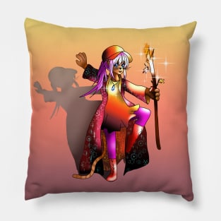 Cat sorcerer with a fire staff Pillow