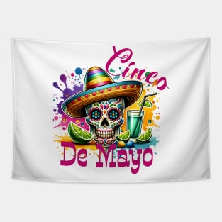 CINCO DE MAYO; 5th May; fifth of May; Mexican; Mexico; day of the dead; sugar skull; tequila; drinks; limes; bright colors; colorful; party; celebration; celebrate; skeleton; skull; sombrero; fiesta; tacos; pretty; bright; paint; Tapestry