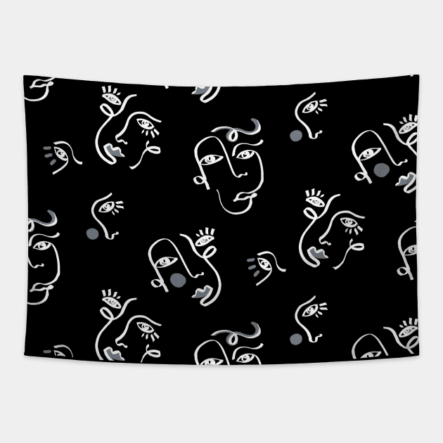 Black Abstract Faces Tapestry by Carolina Díaz