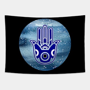 The Evil Eye and Fatima Hand of Hamsa Blue Galaxy Design Tapestry