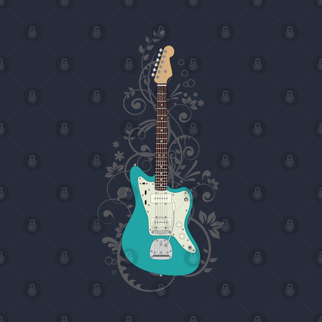 Teal Offset Style Electric Guitar Flowering Vines by nightsworthy