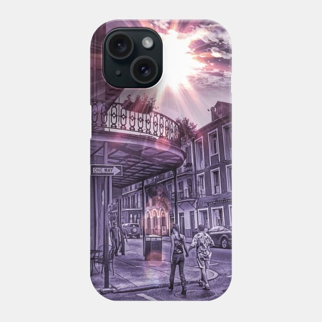 Monochromatic Purple Urban New Orleans Iconic Street Architecture with Sunny Cloudy Sky and Two Walking Humans Expressing Nola Love Phone Case by Little Shop of Nola