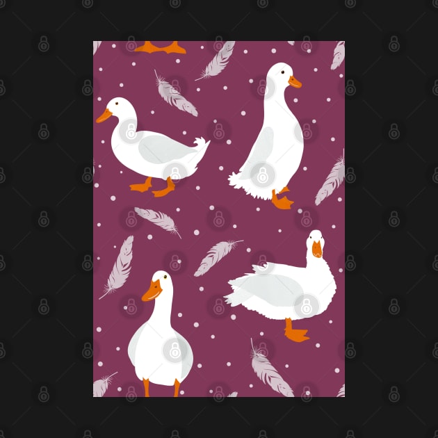 White Pekin Ducks with feathers and dots repeat pattern by NattyDesigns