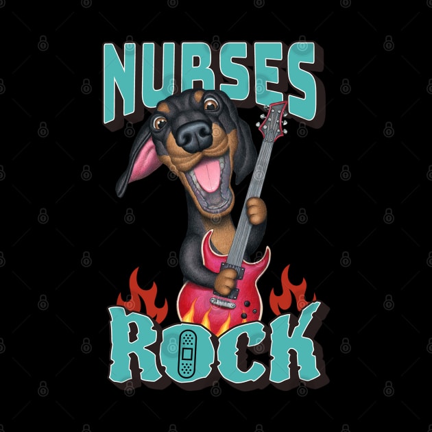 Nurses Rock with dachshund doxie dog and guitar on a tee by Danny Gordon Art
