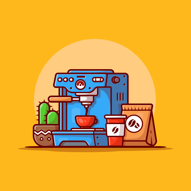 Coffee Machine Espresso, Mugs, Cup And Coffee Pack Cartoon Vector Icon Illustration by Catalyst Labs