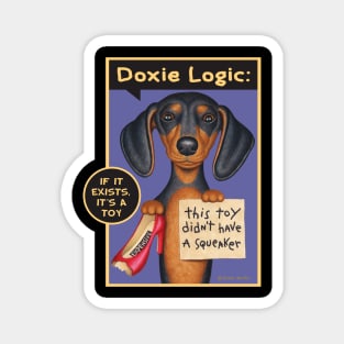 Cute Doxie Dog with new chew toy on Black Dachshund Holding Red Shoe tee Magnet