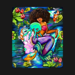 Mermaid holding a jellyfish with Koi fish in koi pond with plants and flowers black African American mermaid T-Shirt