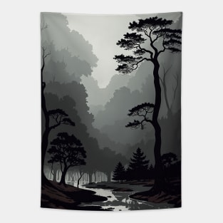 Lonely Misty Forest with Oak Trees Tapestry