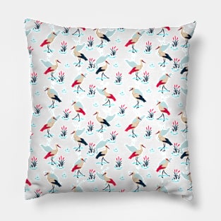 Serene Stork Sanctuary - Elegant Pond Scene Pillow