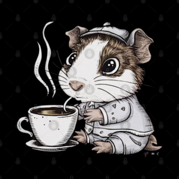 printed design of a guinea pig sipping a cup of coffee, cute cartoon style by YolandaRoberts