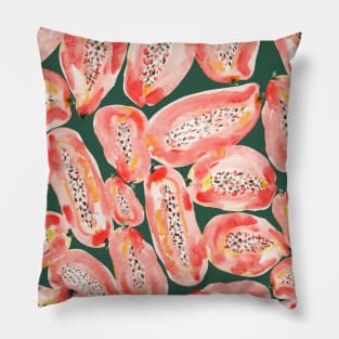 tropical fruits, orange papaya watercolor on green background Pillow