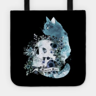 Blue cat and botanic Skull with flowers, memento mori, cat skull, witch, goth, watercolor Tote