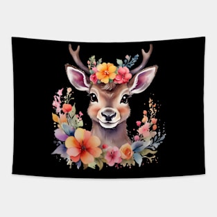 A baby deer decorated with beautiful watercolor flowers Tapestry