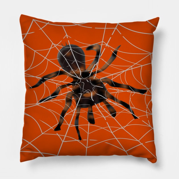 Giant Halloween Spider in Spiderwebs (Orange Background) Pillow by Art By LM Designs 