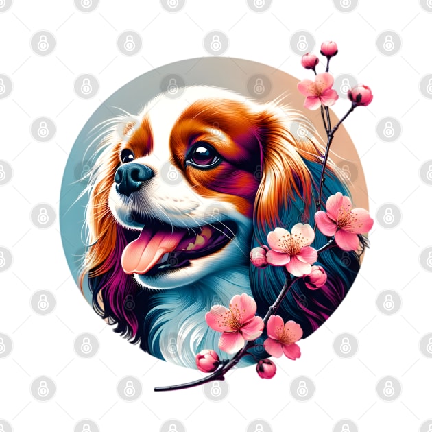 Joyful English Toy Spaniel with Spring Cherry Blossoms by ArtRUs