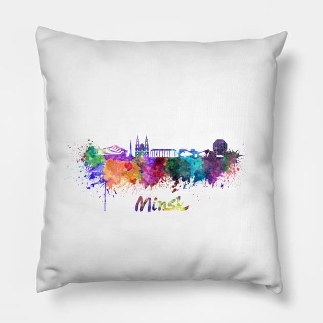 Minsk skyline in watercolor Pillow by PaulrommerArt